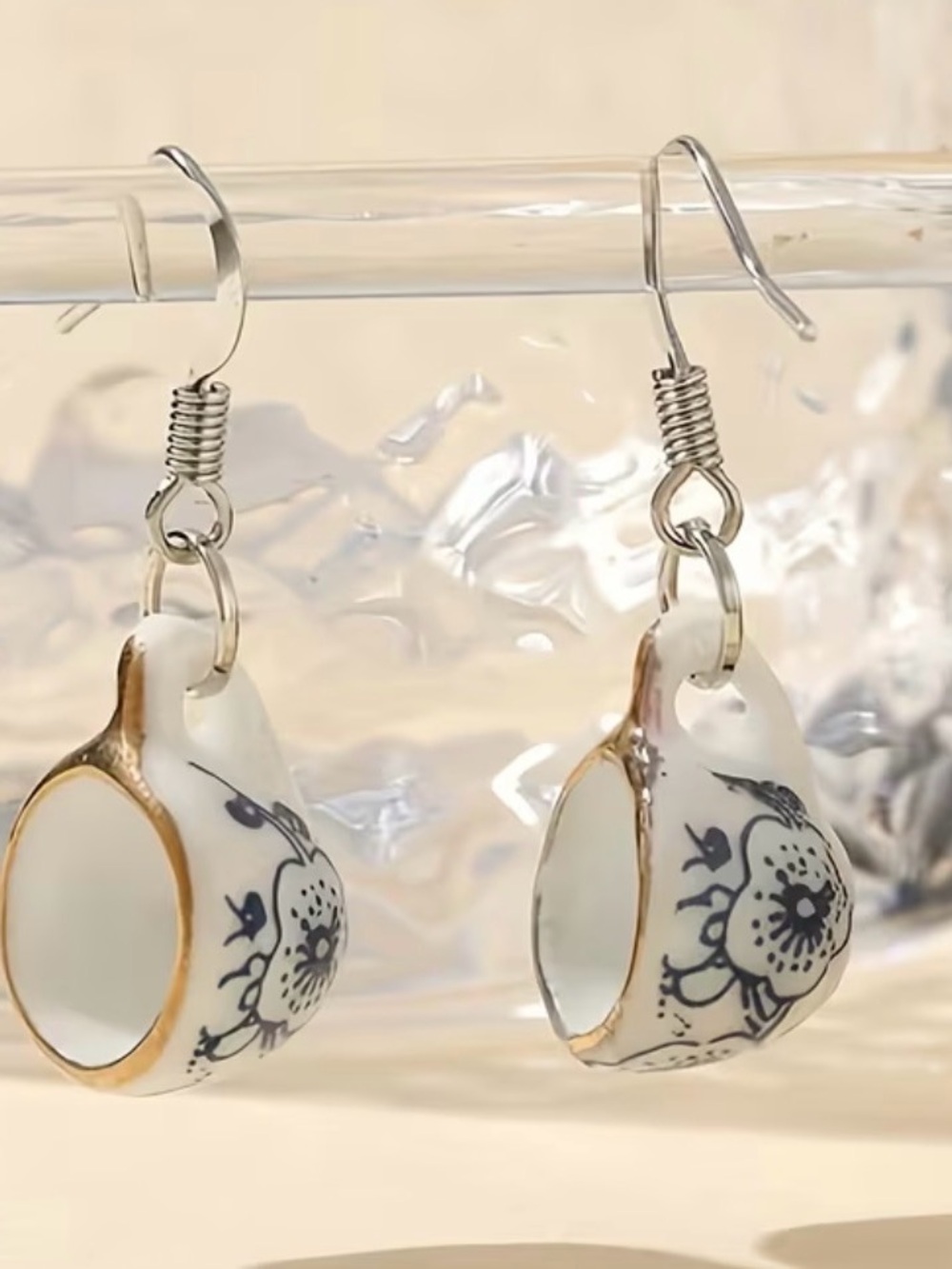 White and Blue Porcelain Teacup Drop Earrings with Gold Trim